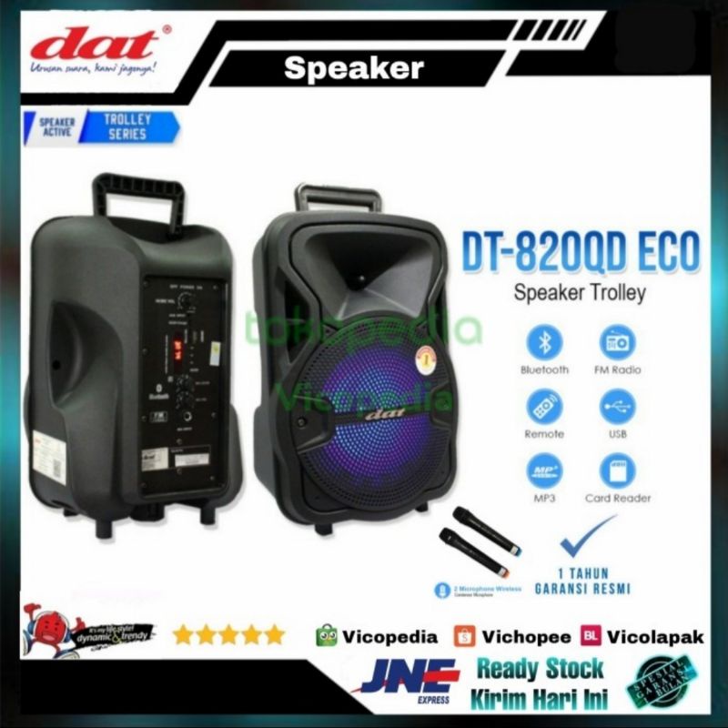 Speaker Bluetooth Trolley 2 Mic DAT DT 820 QD 820QD ECO 8 inch 8" Karaoke Portable