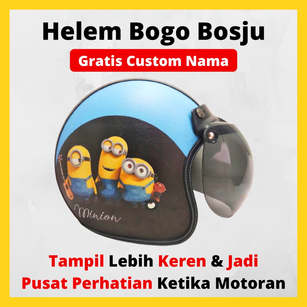HELM BOGO RETRO KULIT WANITA DEWASA KACA DATAR CLASSIC MOTIF BONEKA MINION LUCU - HELEM BOGO BOSJU