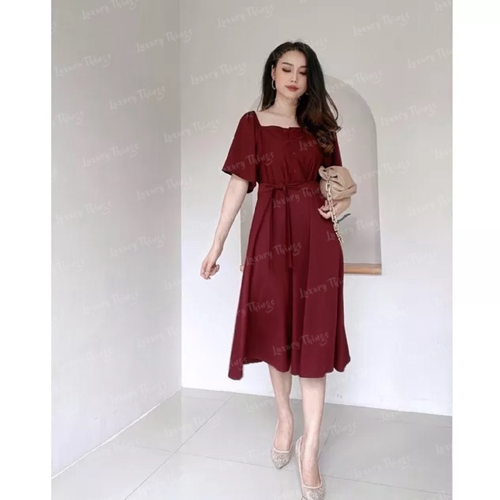 Briana Midi Dress Kondangan Korean Style Big Size Dress Wanita Selutut Jumbo Dress minimalis