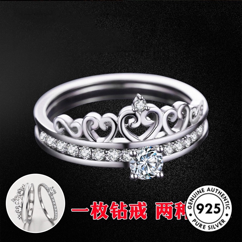 Set Cincin S925 Silver Bentuk Mahkota Aksen Berlian