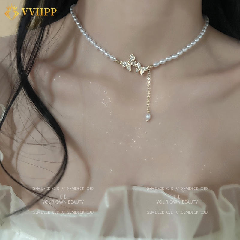 Kalung Choker Rantai Klavikula Hias Manik-Manik Kupu-Kupu Kristal Mutiara Untuk Wanita