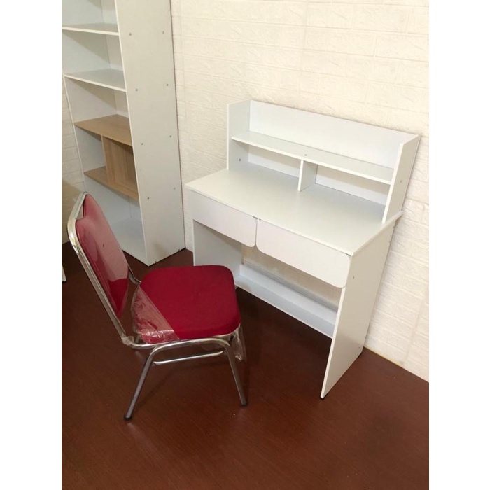 Set Meja Kerja/ Meja Belajar Putih Minimalis Dan Kursi Susun Murah New