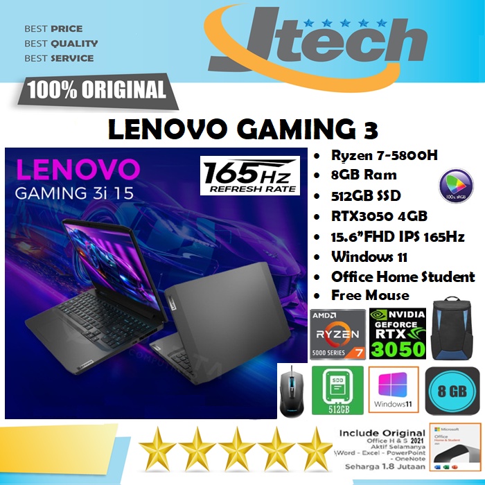 LENOVO IDEAPAD GAMING 3 - RYZEN 7-5800H - 8GB - 512GB SSD - RTX3050 4GB - 15.6&quot;FHD IPS 165Hz - WIN11 - OFFICE  HOME STUDENT