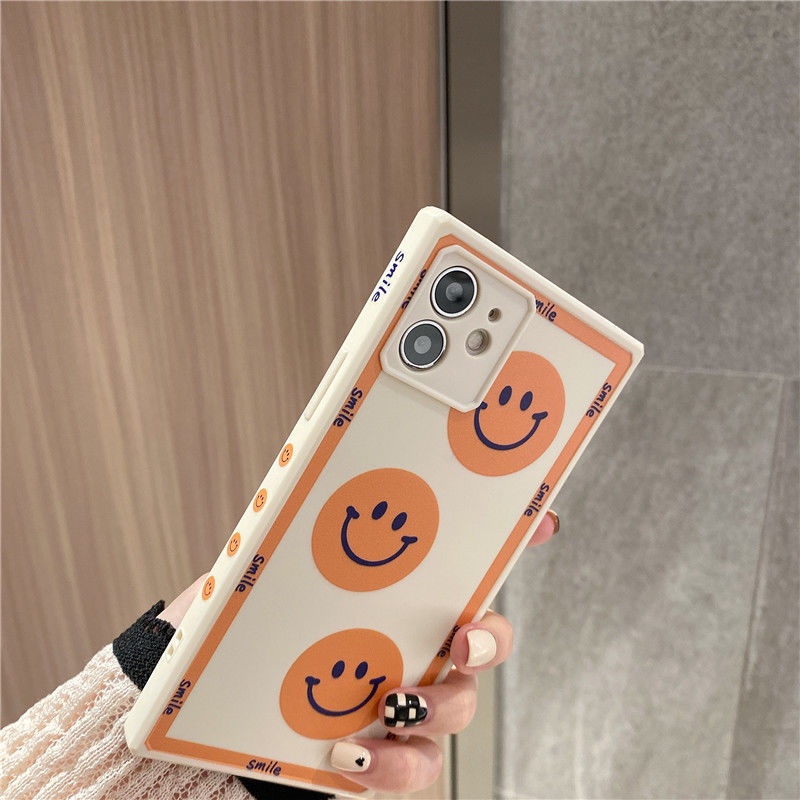 Casing Ponsel untuk iPhone 7 8 Plus SE 2020 11 12 Pro Max Silikon Square Orange Smiley Kartun Casing Ponsel untuk iPhone XR Xsmax Casing Tahan Guncangan grrt