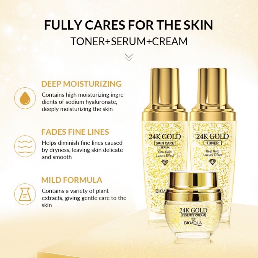 BIOAQUA 24K Gold Facial Kit (Toner, Serum Skin Care, Essence Cream) Set Perawatan Wajah Brightening Anti Aging READY ORIGINAL BPOM