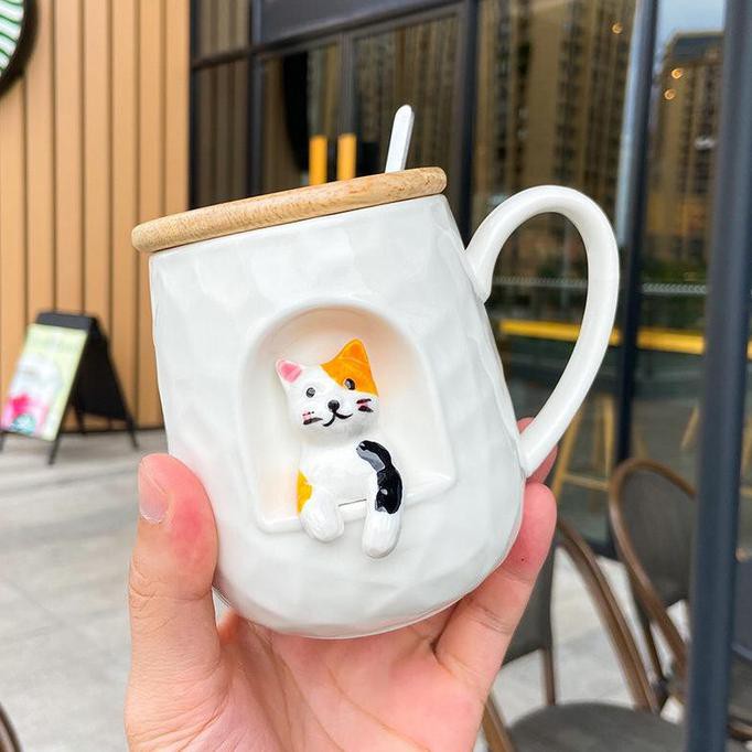 Mug Cangkir Set Dengan Tutup Kayu + Sendok Bahan Keramik / Gelas Kopi - Motif 2