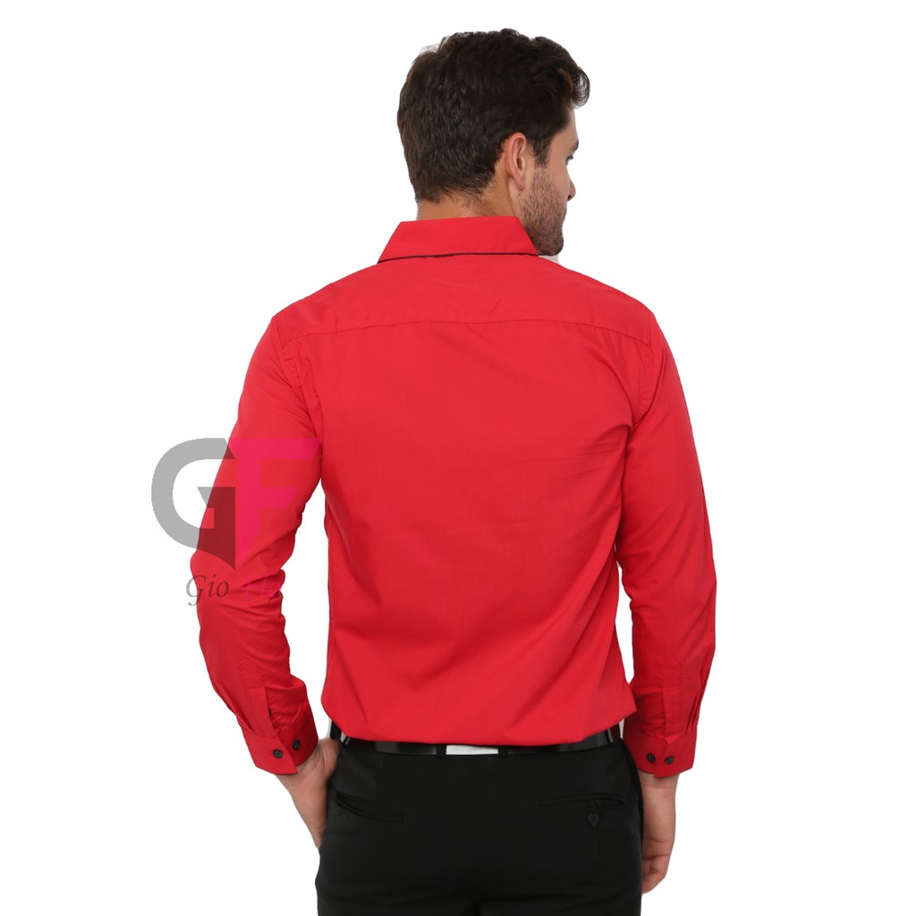 GIOFLO Hem Panjang Kemeja Pria Slim Fit Model Korea Merah / LNG 1773