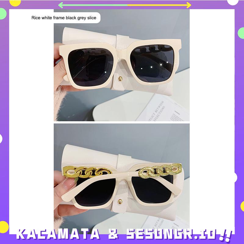 Kacamata Hitam Sunglasses Desain Rantai Persegi Bingkai Besar Kaca mata Retro Lensa Bening Kacamata Wanita Street Shooting