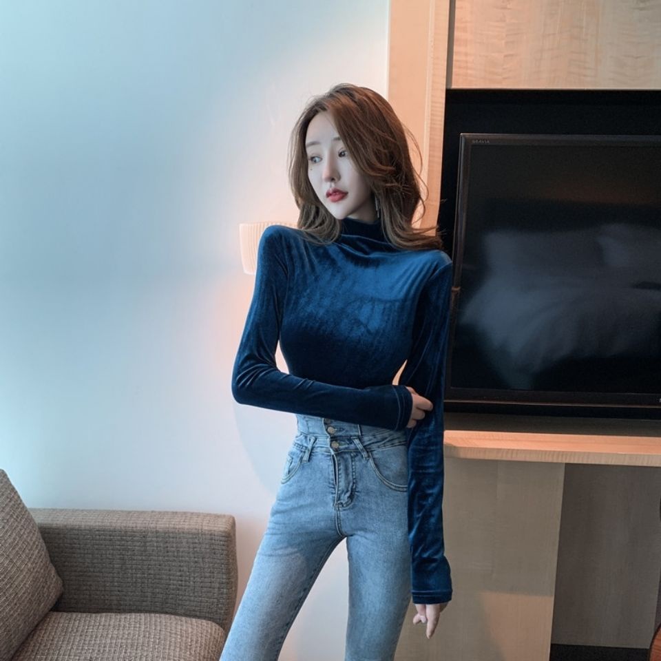 Red Musim Dingin 2021 Baru Fashion Warna Solid Turtleneck Beludru Lengan Panjang Atasan All-Match Bottoming Kemeja Wanita Trim T-shirt Tren