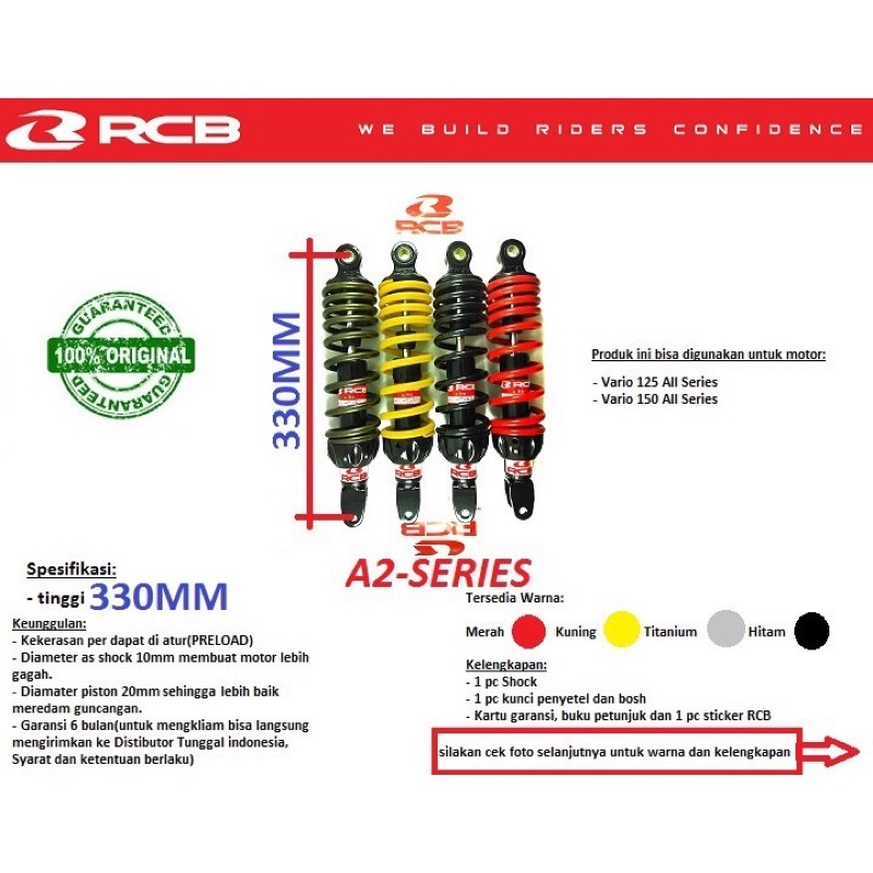 (RESMI GARANSI 6 BULAN) Shockbreaker RCB A2 Series Original 100% 305mm &amp; 330mm , Mio, Vario 110, 125, 150, Scoopy, Xeon, Fino, Spacy, Skydrive, Spin, Nex, Soul, M3, GT125, Xride, Dll , Shock Malaysia Racing Boy