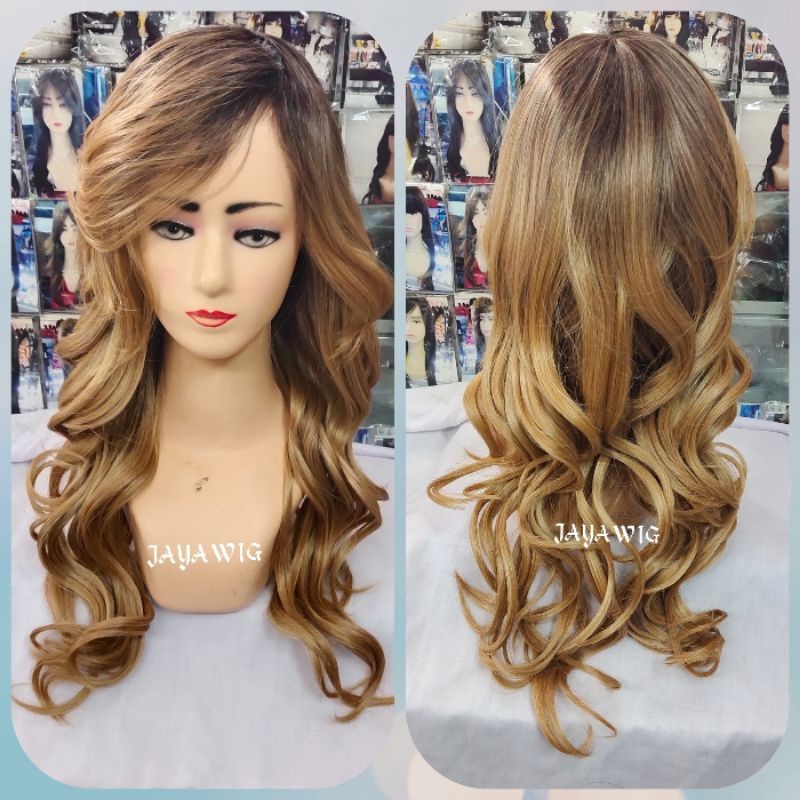 Wig Wave Panjang 50cm Rambut Palsu Keriting Warna Ombre Blonde