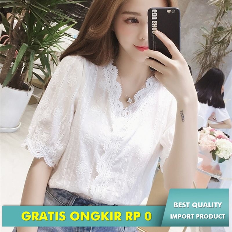 Blouse  Wanita New t Manis Putih V-leher Lantern Shirt Lepas Lace Kerah pendek  Pullover Blouse Impo
