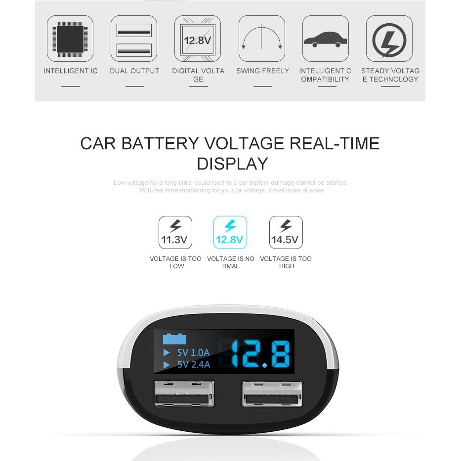 RCF-R58 - Dual USB Car Charger 3.4A with LED Display Screen