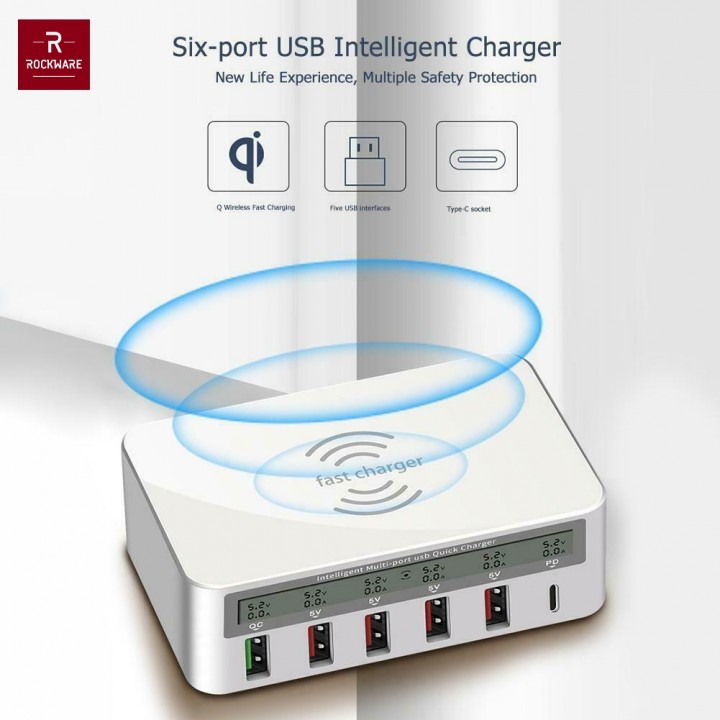 ROCKWARE 818PF Charger 5 USB-A and 1 PD 18W Wireless Charge - 100W 8A