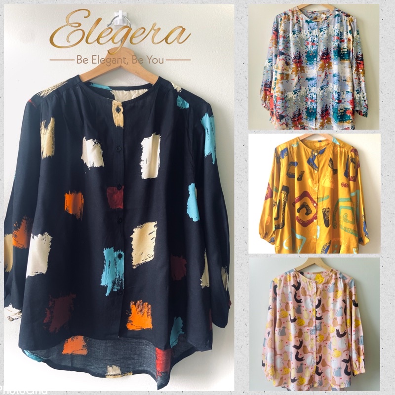 Blouse Wanita Motif Bunga Lengan Panjang Kerut Kancing Depan-2