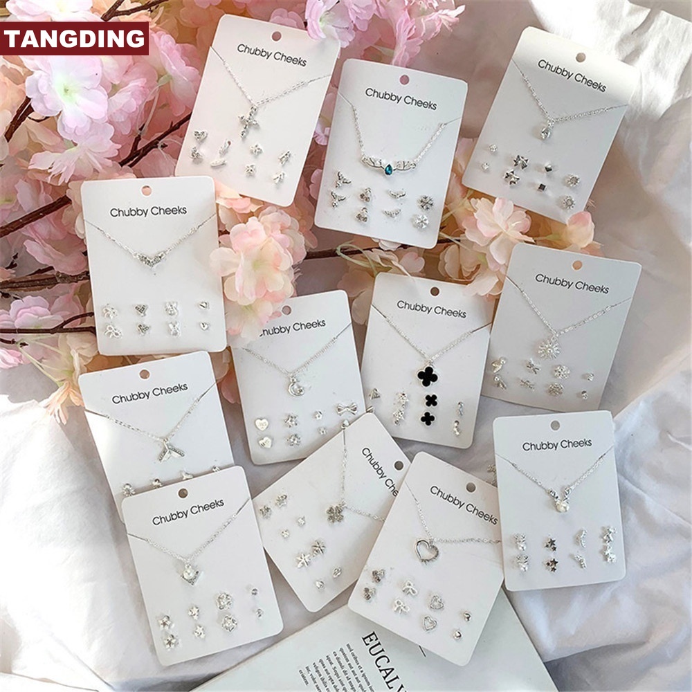 Korean Fashion Necklace and Earrings Set Card Stars Clover Flowers Snowflakes Bow Necklace Week Earring Set Jewelry