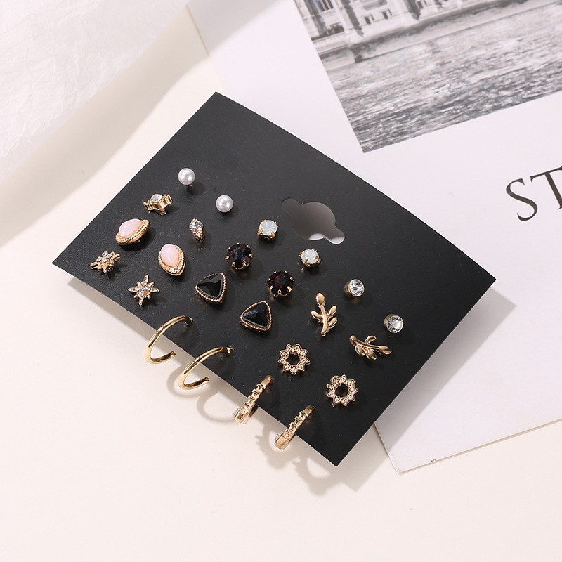 Anting Fashion Set 12 Pasang Anting-Anting Logam Geometris Anting-Anting Pejantan Berlian Sederhana Mini