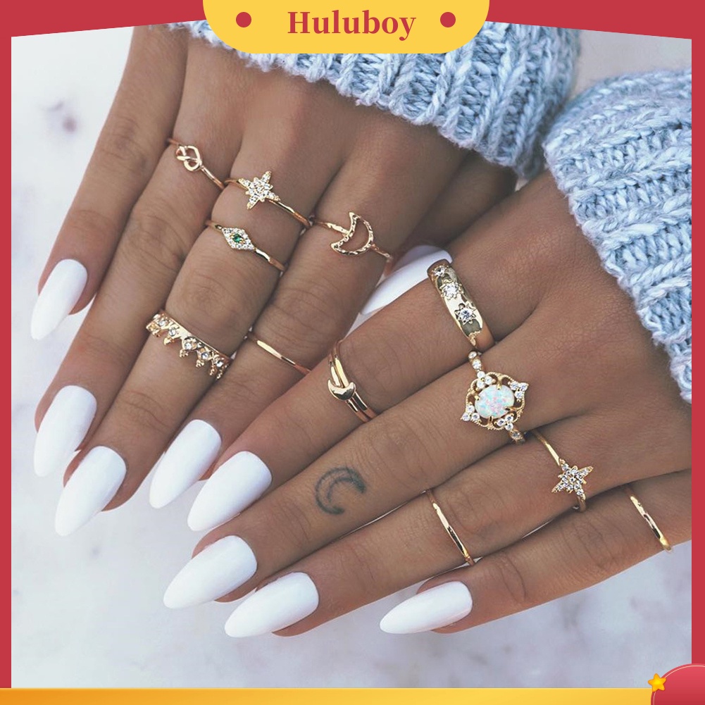 Hu Hu Hu Hu Hu Alat Bantu Pasang Kacamata♡ 13pcs / Set Cincin Buku Jari Aneka Bentuk Gaya Boho Untuk Wanita