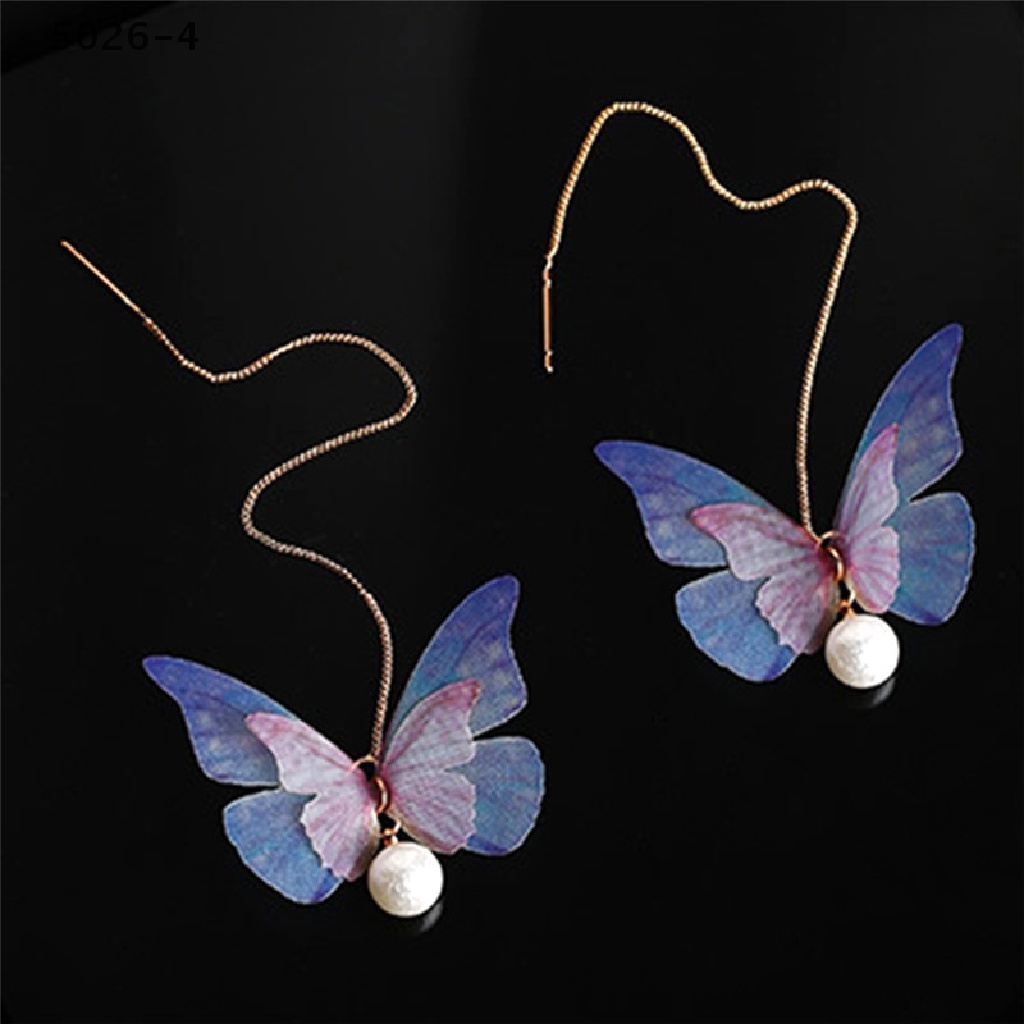 5026-4 1Pair Yarn Butterfly Dangle Earrings Long Ear Line Pearl Rhinestone Earrings 5026-4