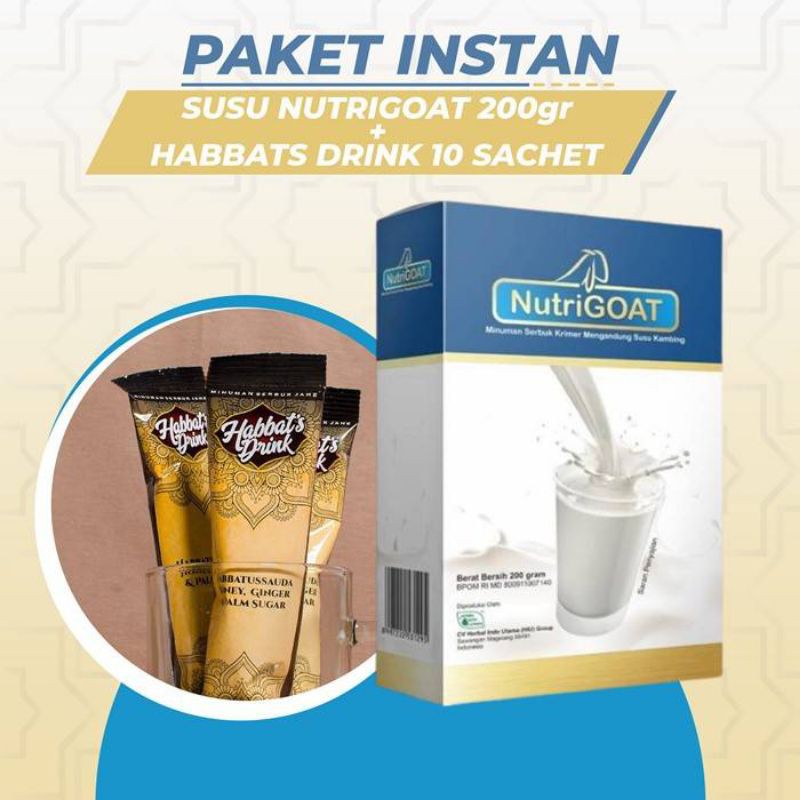 

Nutrigoat Paket Sehat Susu kambing 200gr/Minuman Habbats 10scht/paket murah