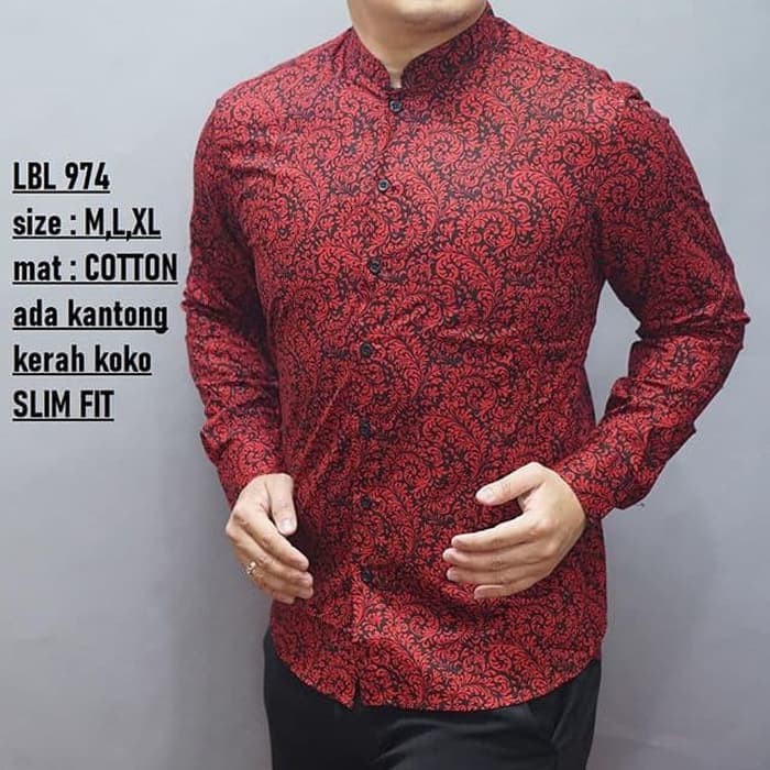 KEMEJA BATIK PRIA SLIM FIT MERAH BAJU BATIK PRIA CHEONGSAM LBL974