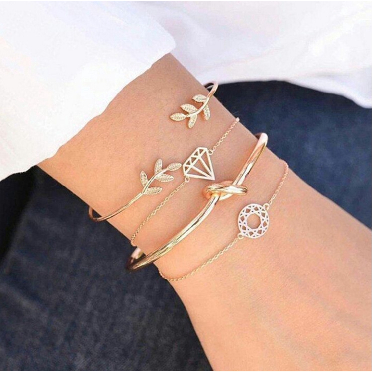 4Pcs / Set Gelang Model Terbuka Adjustable Motif Daun ss421