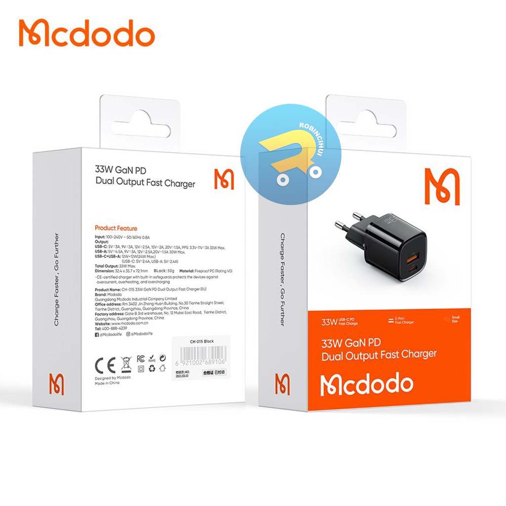 MCDODO Adaptor GAN 33 Watt Charger Dual Slot Fast Charging VOOC - QC3.0 - QC4.0 - Aplle 2.4a, Iphone Fast Charging - Adaptive Fast Charging(AFC) - FCP - SCP Charger Samsung - Adaptor oppo - Adaptor Samsung - Adaptor Vivo - Adaptor Xiaomi - Adaptor Huawei