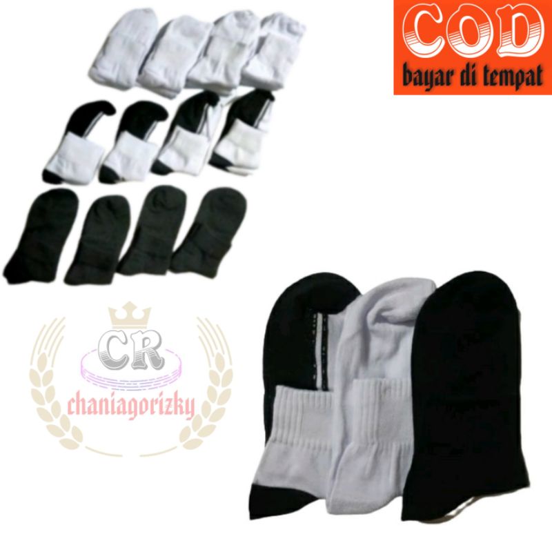 (12 PASANG) KAOS KAKI PENDEK PUTIH TELAPAK HITAM/ HITAM POLOS/ PUTIH POLOS SPORT TEBAL/ KAOS KAKI PRIA WANITA