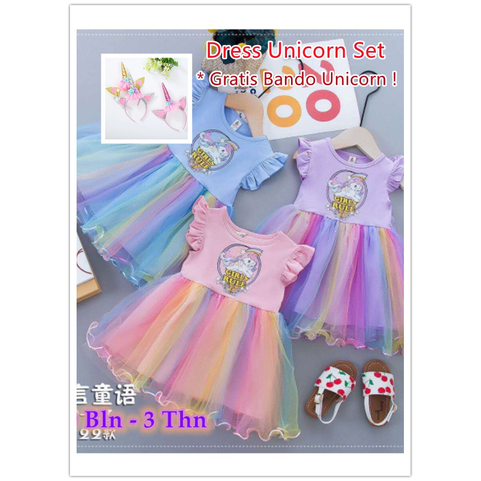 Dress anak Perempuan Gaun Pesta Motif Unicorn Dress Tutu Rainbow Import