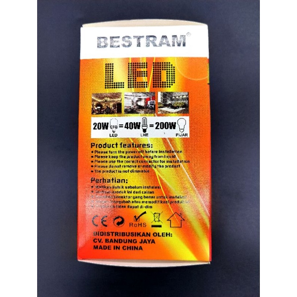 Lampu Led 20w Bestram Supermax, warna bolam putuh 6500K, garansi 1tahun