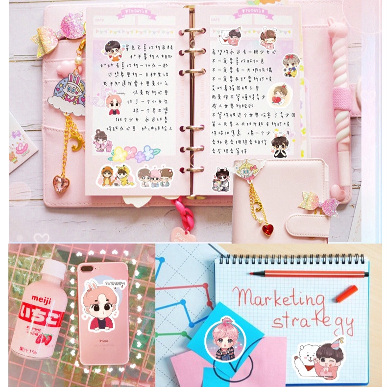 40pcs Stiker Desain Kartun EMOJI KPOP BTS Untuk Scrapbook / Jurnal / Koper / Diary