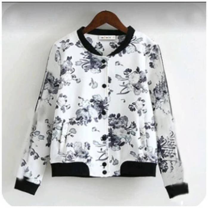 JAKET BOMBER KANCING MOTIF BUNGA - NAVY PROMO FASHION