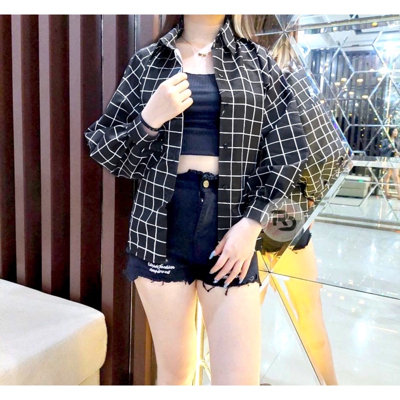 RD FASHION Kemeja Oslin Oversize | Kemeja Korea Jumbo Wanita | Bahan Creap - Fit to L-SEGI HITAM