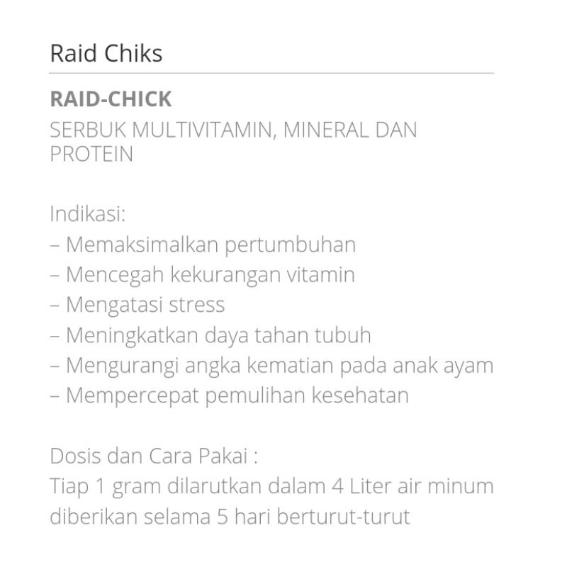 Raid chick (hijau) 10 gram-raid all multivitamin unggas ayam