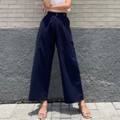 HOPYLOVY Celana Kulot Wanita Katun Linen Double Button Jemima / Celana Panjang Wanita Polos-NAVY