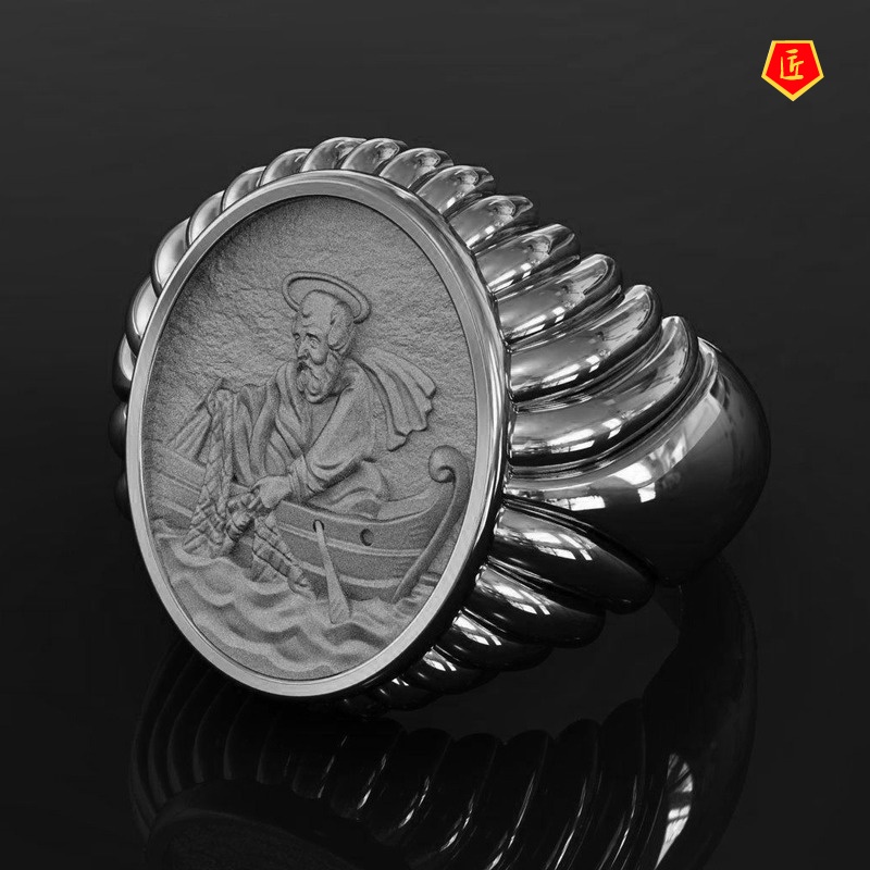 [Ready Stock]Retro Personality 18K Gold Fisherman Statue Man's Ring