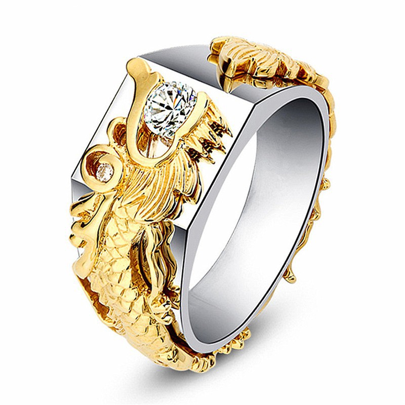 Cincin Motif Naga Warna Gold untuk Pria/Men's Sliver Domineering Dragon Rings