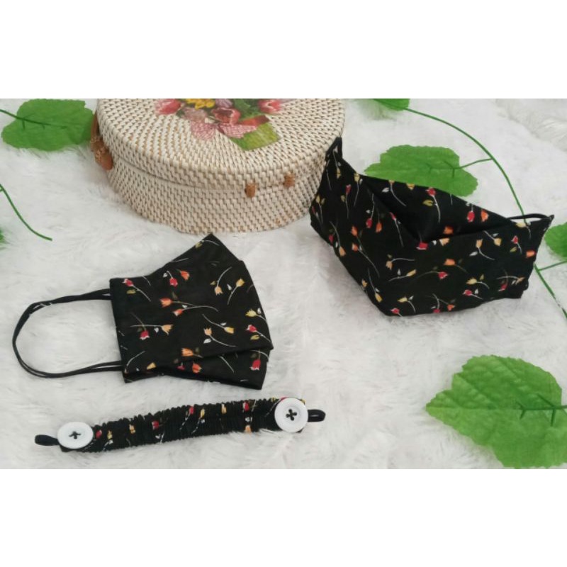 Masker kain 4D + konektor hijab /Masker Hijab 4D Motif Bunga/Masker 4ply/Masker katun Jepang