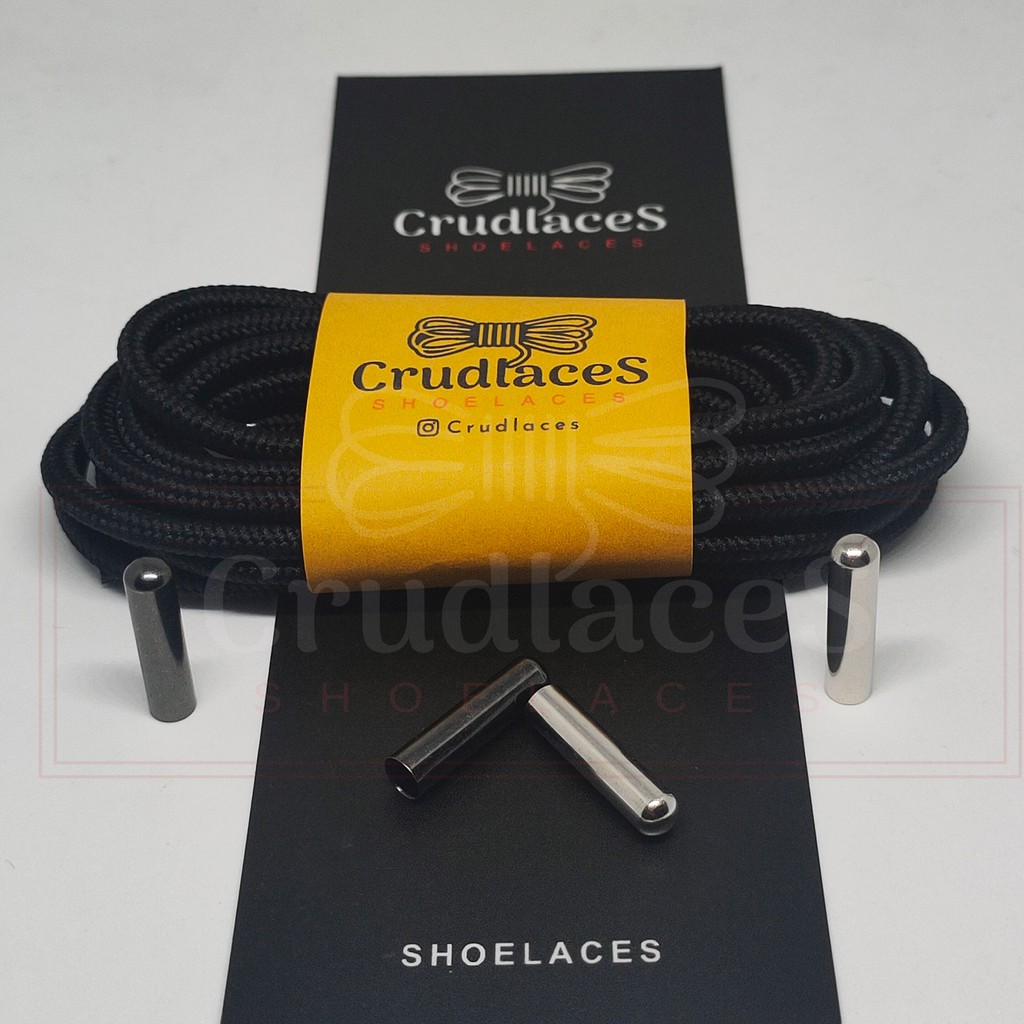 Tali Sepatu Bulat Hitam Polyester - Shoelace Round Dengan Ujung Tali - Aglets Metal Besi - Crudlaces