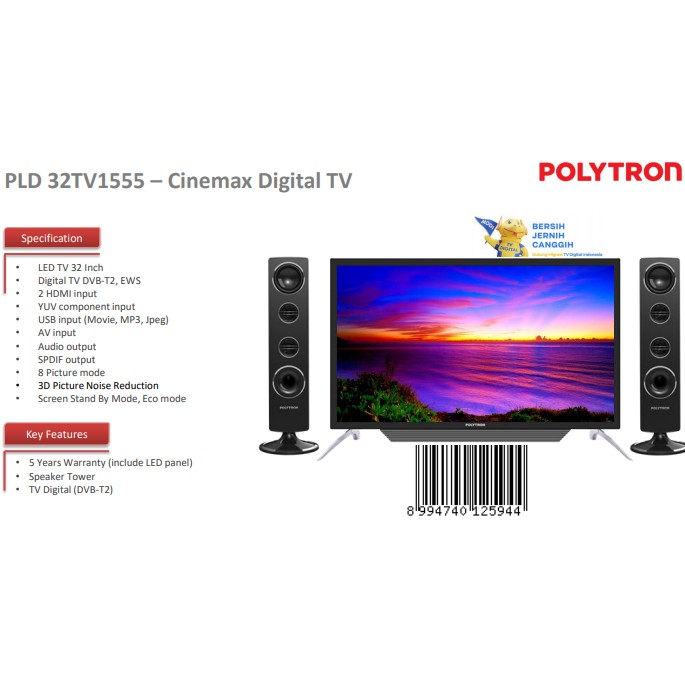 Cinemax Digital TV (DVB-T2) PLD 32TV1855 / 32tv1555 Tower Speaker 32 inch Garansi Resmi