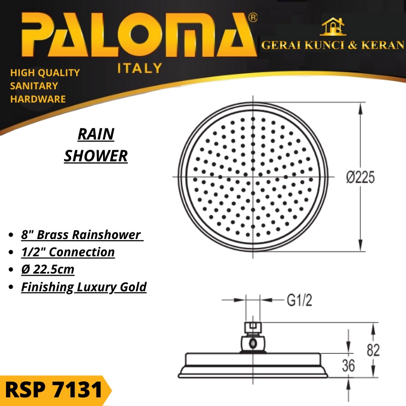 RAIN SHOWER PALOMA RSP 7131 8&quot; GOLD EMAS KEPALA SHOWER MANDI BRASS