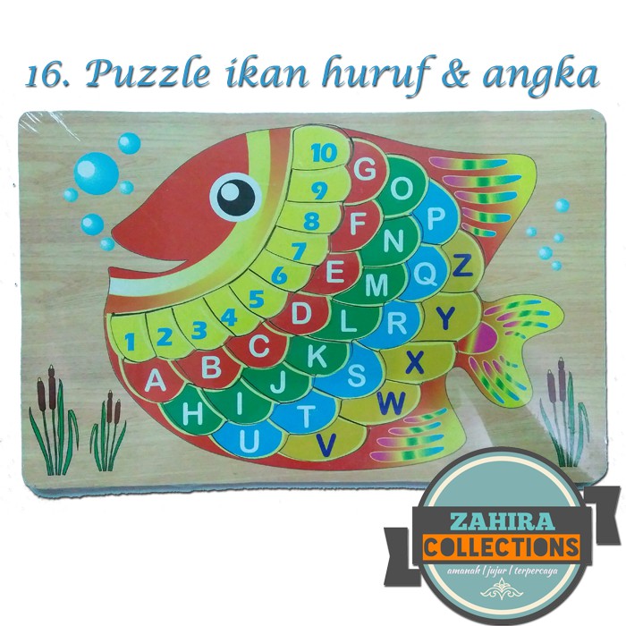  Mainan  edukasi anak Puzzle  ikan  huruf angka Kayu SNI 