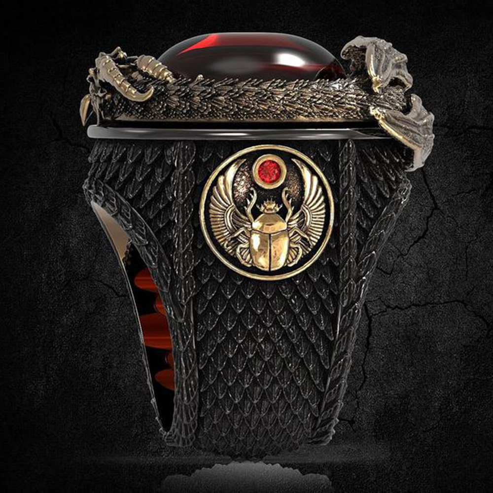 Cincin Pria Naga Phoenix Baja Titanium Hitam Emas Rubi Kristal Merah Anggur Fashion Perhiasan Punk Hewan Men Rings