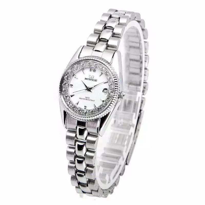 Terlaris Jam tangan Wanita Mirage Permata Original Silver Tahan Air Anti Karat Stainless Rx 1579M pP