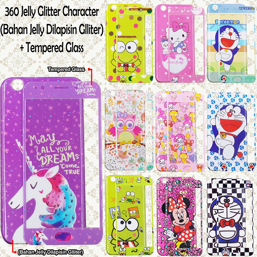 360 JELLY GLITER CHARACTER + Tempered Glass + PACKING IMPORT Type SAMSUNG/OPPO/VIVO/XIAOMI