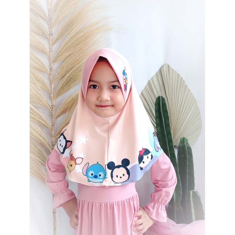 hijab instant anak TSUM-TSUM, hijab karakter , bergo anak , hijab instant printing