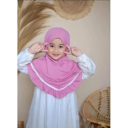 kerudung instan jersey bergo anak perempuan umur 3-8 tahun bahan jersey hyget jumbo renda rempel tali serut ped antem terbaru