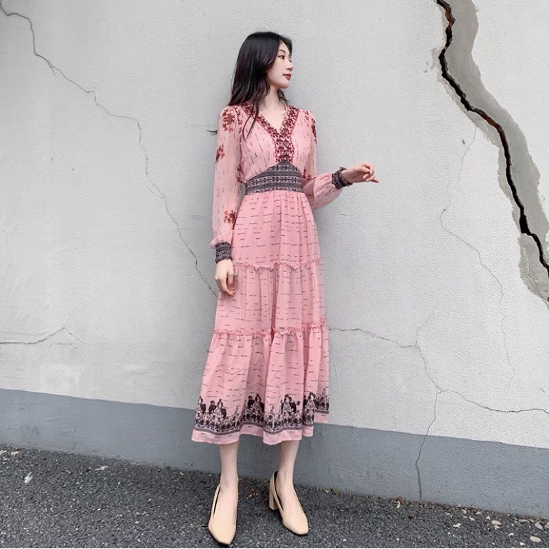 Dress BKK V-neck Mellarose / Gamis Import Motif Print Wanita