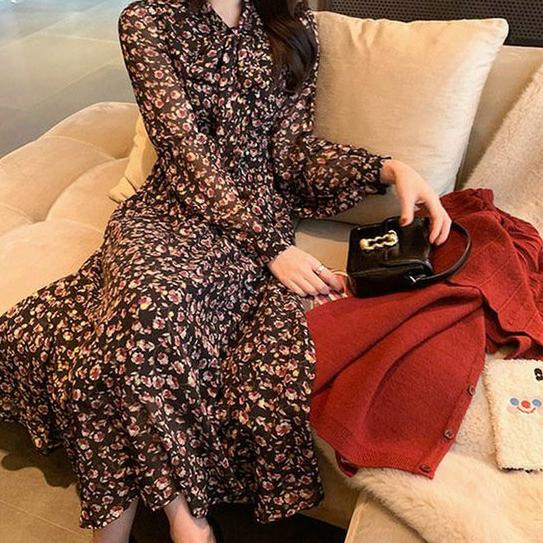Long Floral Dress Maxi Lengan Panjang Bahan Sifon Motif Bunga Gaya Korea