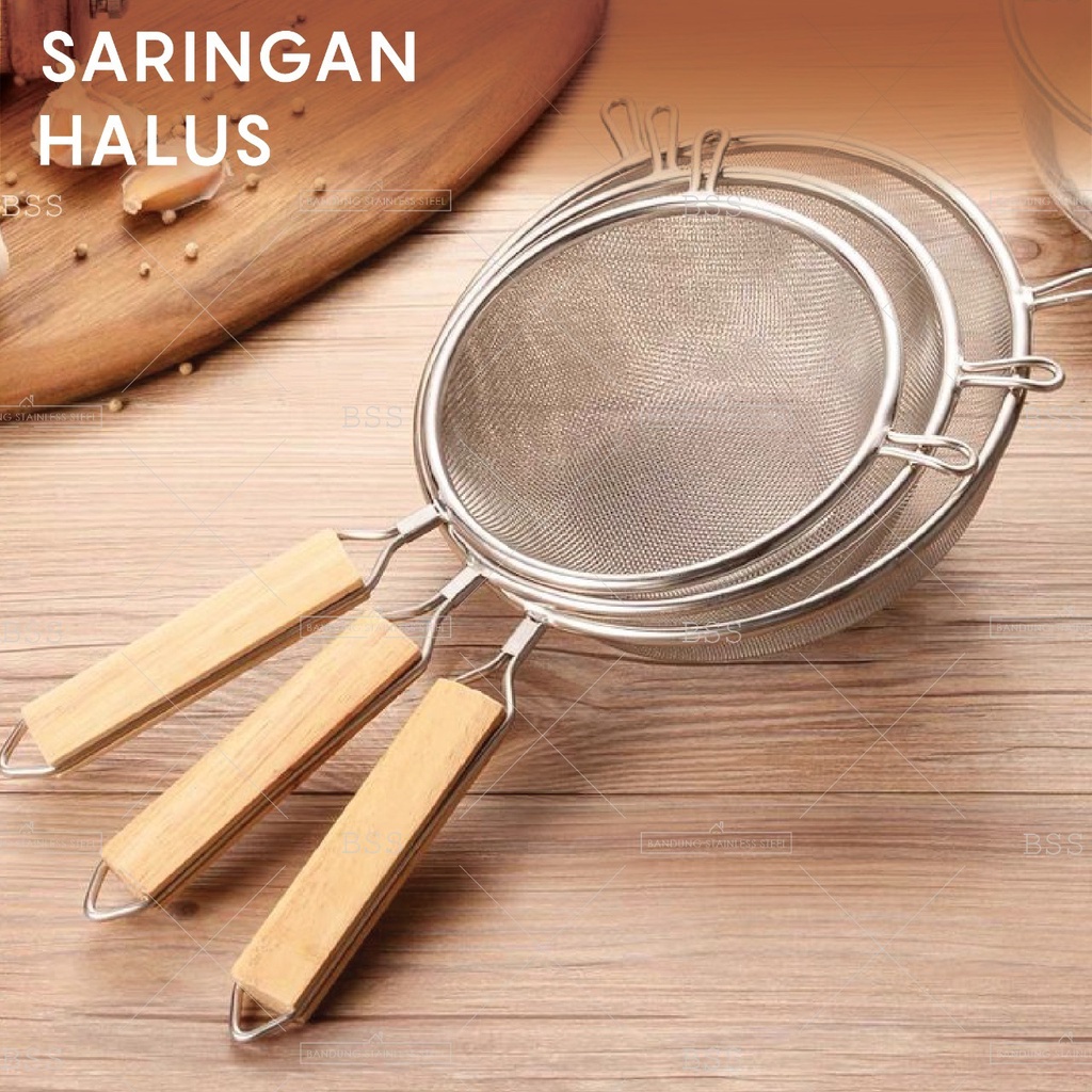 Saringan Stainless Halus 12cm 14cm 16cm Pegangan Kayu Tebal Ayak Tepung Bumbu Multifungsi